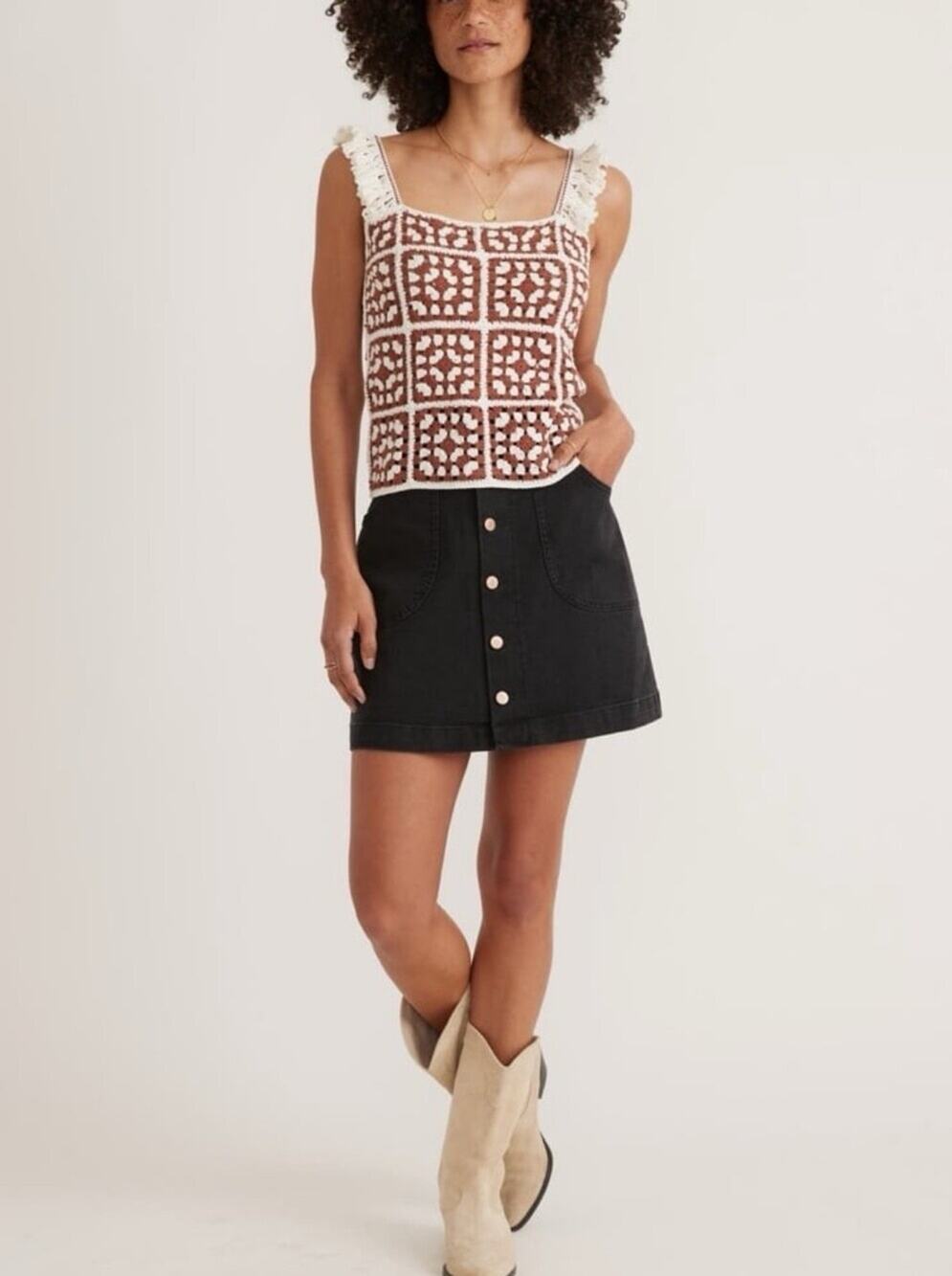 Black Button-Front A-Line Mini Skirt
